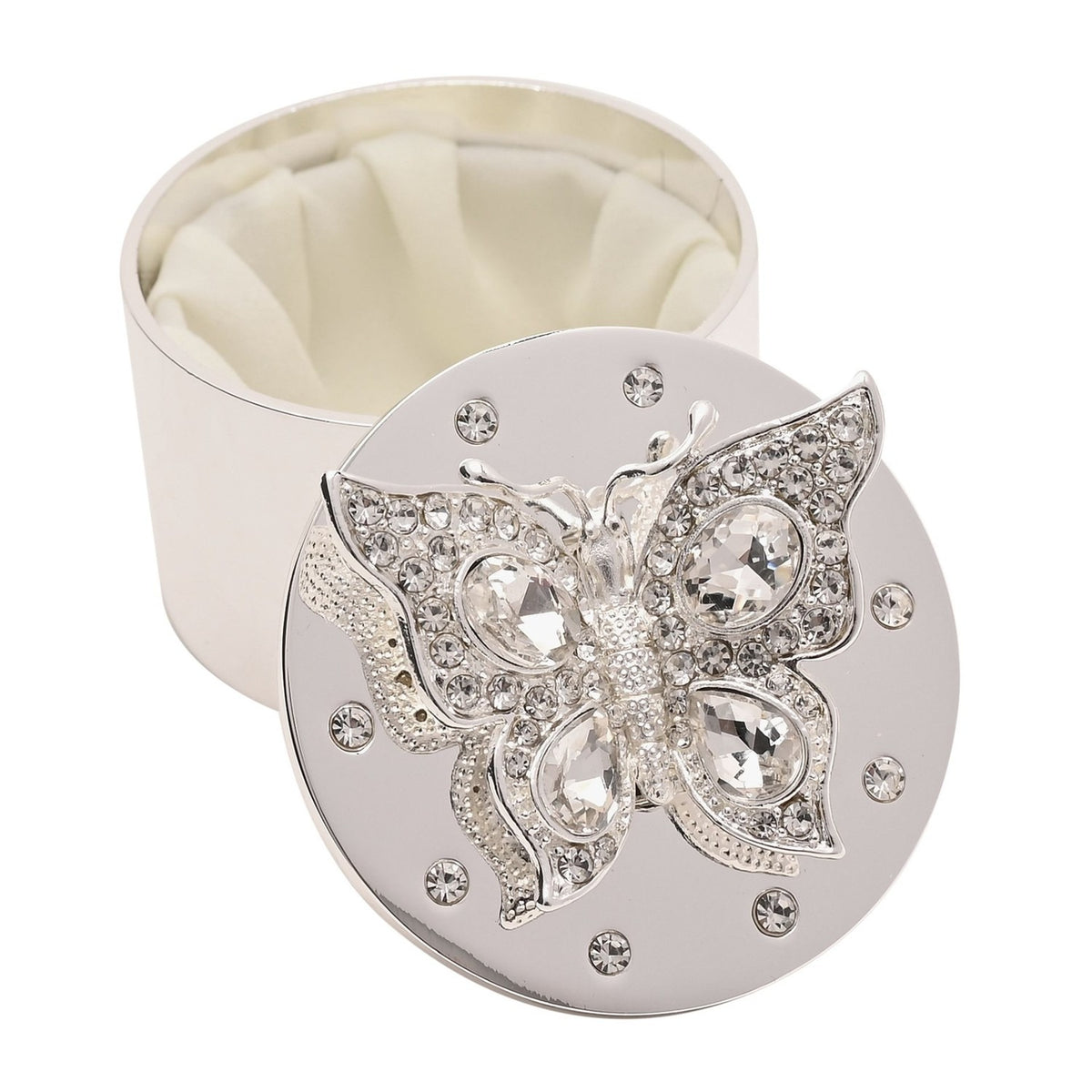 Round silverplated trinket box with crystal-embellished butterfly lid, cream satin-lined interior, shown open on a white background.
