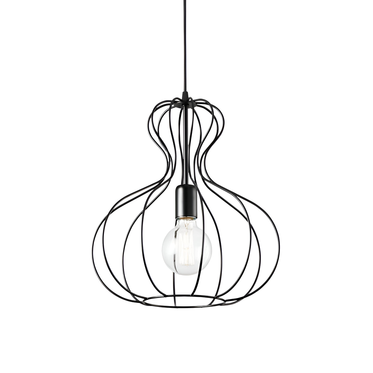 The Tone-1 1 Light Pendant in black hangs from the ceiling, showcasing its modern design with a wireframe shaped like a bulb. This industrial-style fixture features an adjustable cable and accommodates a single clear bulb, offering a minimalist and artistic aesthetic.