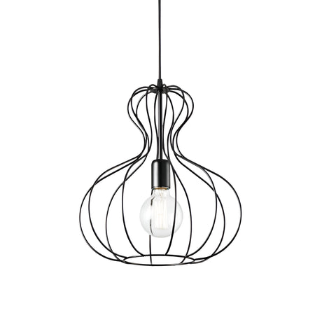 The Tone-1 1 Light Pendant in black hangs from the ceiling, showcasing its modern design with a wireframe shaped like a bulb. This industrial-style fixture features an adjustable cable and accommodates a single clear bulb, offering a minimalist and artistic aesthetic.