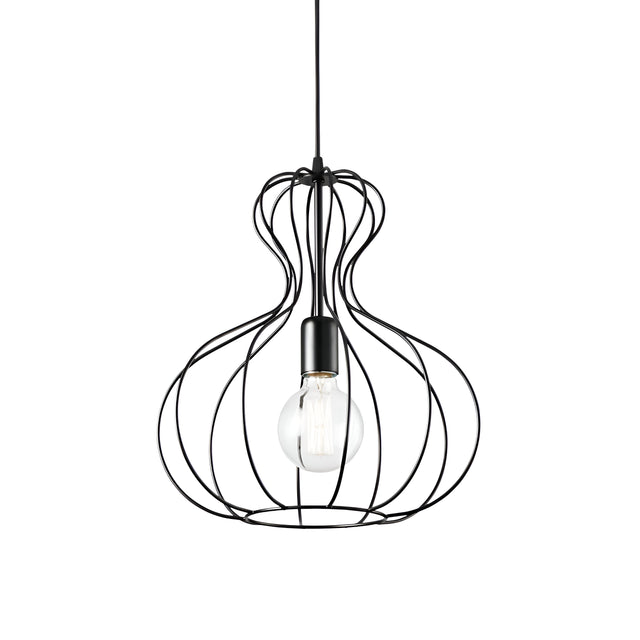The Tone-1 1 Light Pendant in black hangs from the ceiling, showcasing its modern design with a wireframe shaped like a bulb. This industrial-style fixture features an adjustable cable and accommodates a single clear bulb, offering a minimalist and artistic aesthetic.