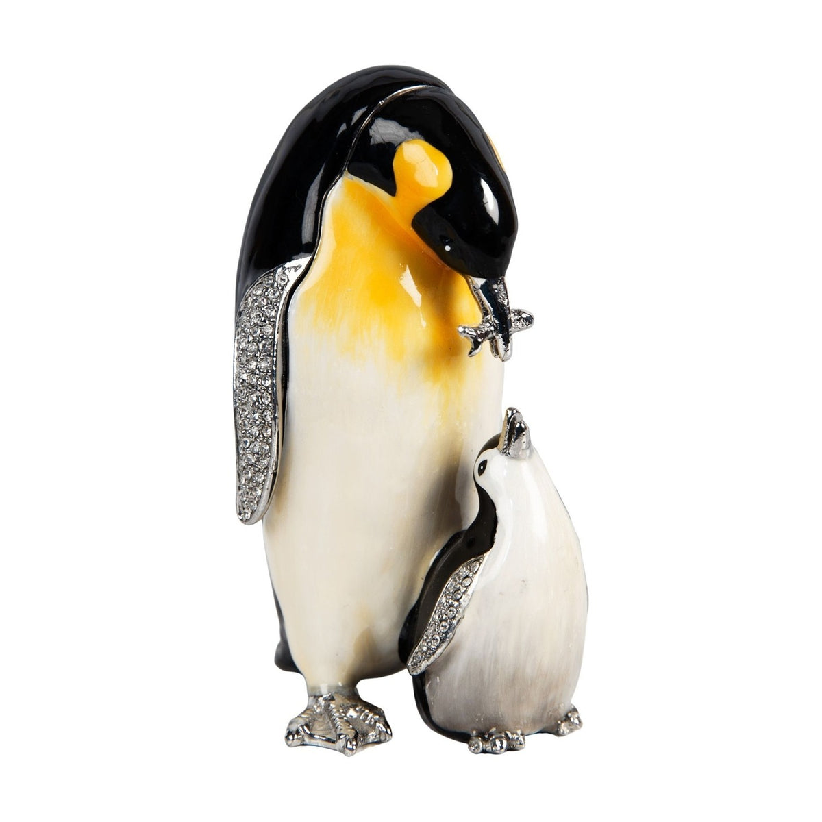 Penguin & Chick handpainted metal trinket box in black and white with yellow chest wash and silver-tone wings and feet, shown on a plain white background.