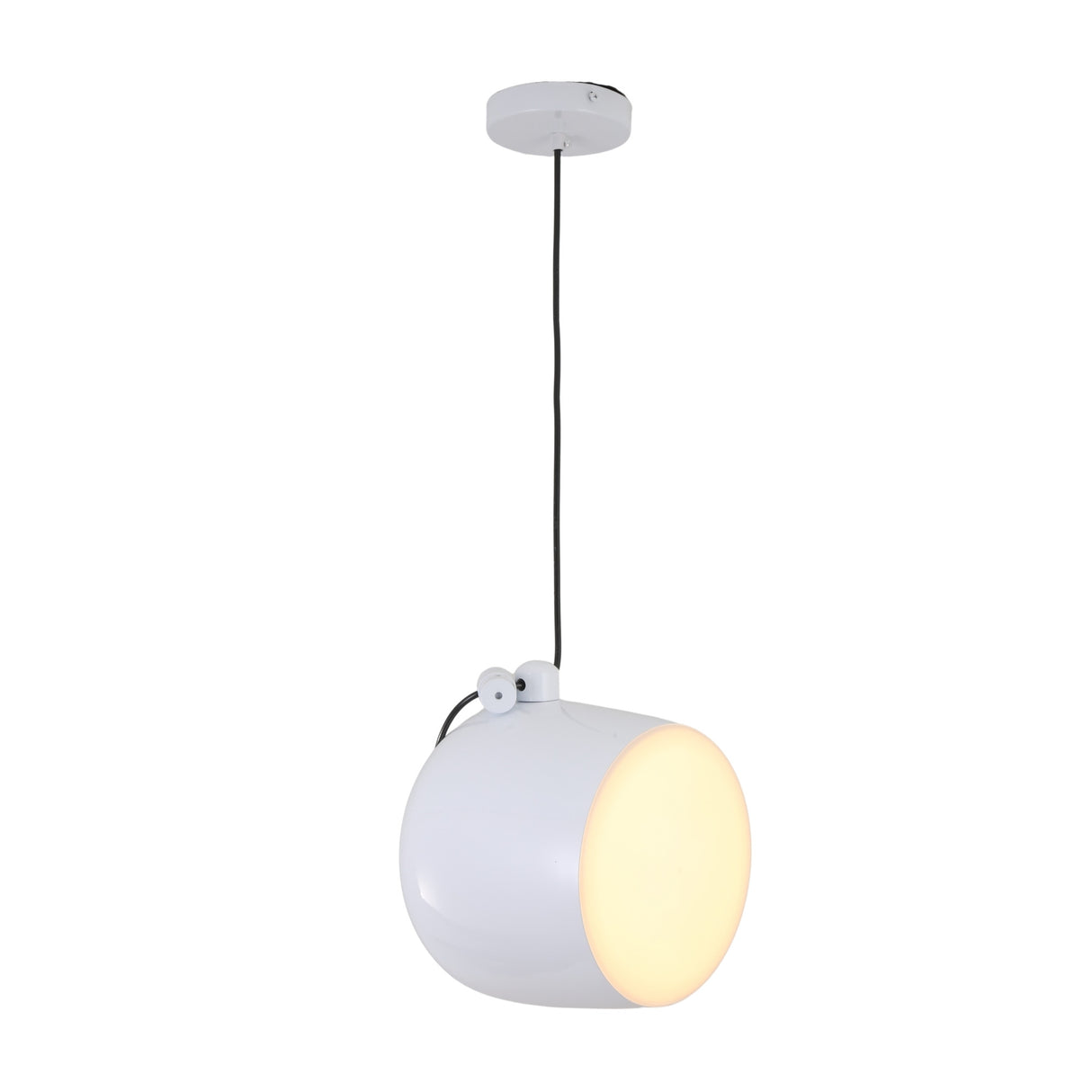 The Mono LED Pendant Light - White features a round shade and black cord, casting a warm soft glow that's perfect for stylish, modern kitchen lighting.