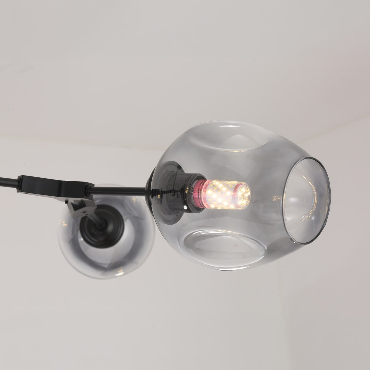 The Tree 8 Light Suspension - Black is a modern black fixture with clear glass globe shades and visible LED bulbs, mounted on sleek black metal arms against a white ceiling.