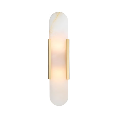 The Lirone 1 Light Large Vertical Capsule Alabaster Wall Light in soft white and brass features an oval-shaped shade and brass accents, casting a gentle, warm glow against a white backdrop.