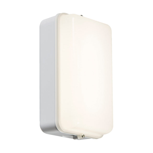 A rectangular white wall light fixture with a sleek, contemporary design, featuring energy-efficient lighting and a smooth frosted front cover within a white frame. This 5W Outdoor Security Bulkhead, equipped with a motion sensor, is ideal for creating a cool white ambiance when mounted on a wall.