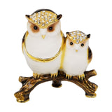 Mother & Baby Owl Painted Metal Trinket Box - White & Brown