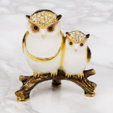 Mother & Baby Owl Painted Metal Trinket Box - White & Brown