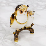 Mother & Baby Owl Painted Metal Trinket Box - White & Brown