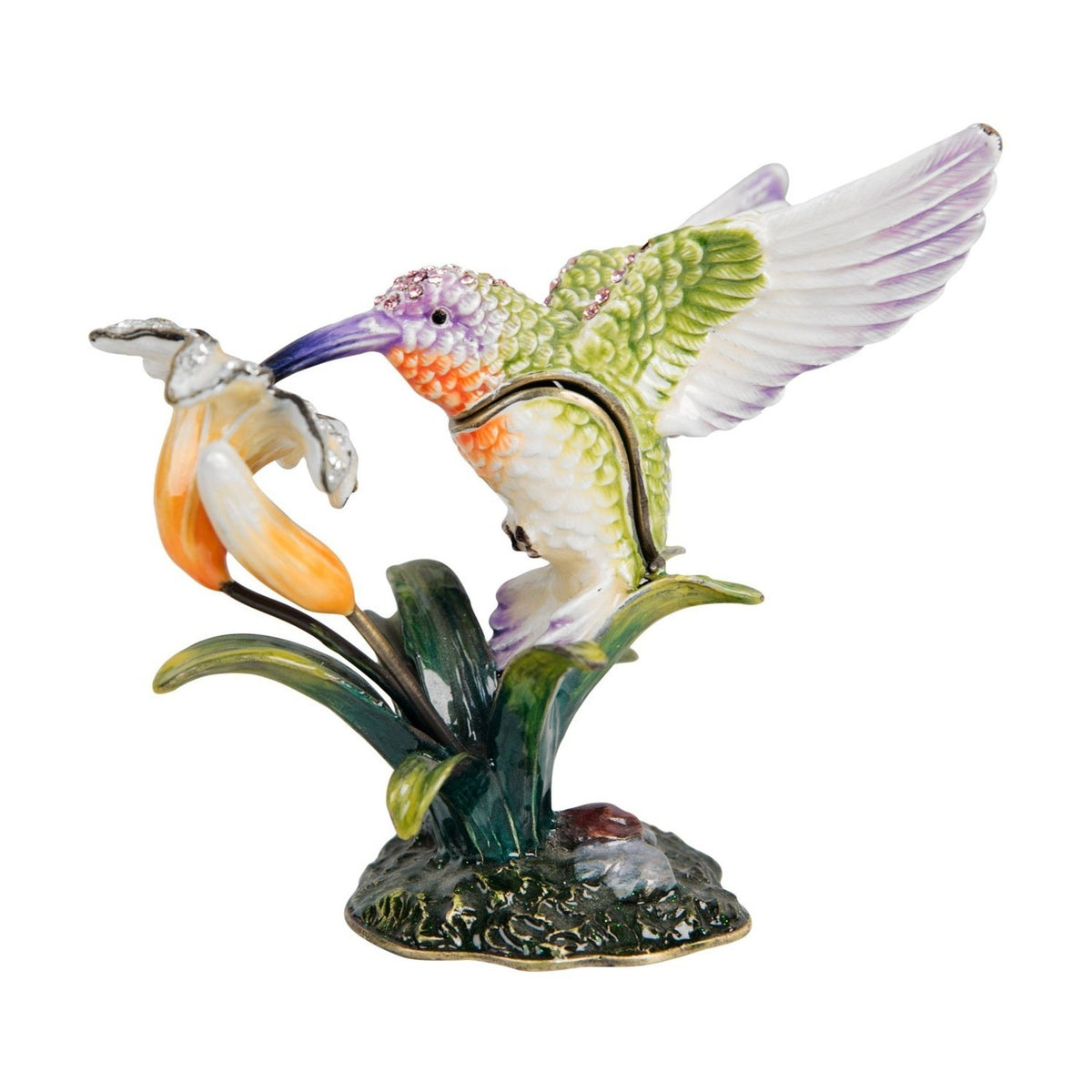 Hummingbird and Lily Handpainted Metal Alloy Trinket Box
