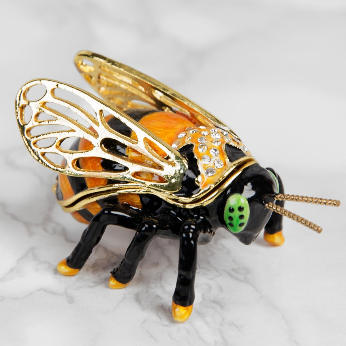 Hand Painted Bee Metal Trinket Box with Lid - Black & Gold