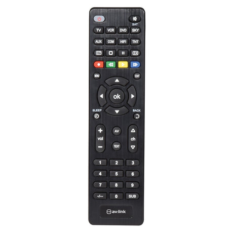 The AV:Link 8-In-1 Universal Remote Control is a sleek and compact black remote designed for effortless multi-device management. It includes buttons for TV, VCR, DVD, and satellite functions, along with a central navigation pad, volume and channel controls, and number keys at the bottom. The av:link logo is prominently displayed below.