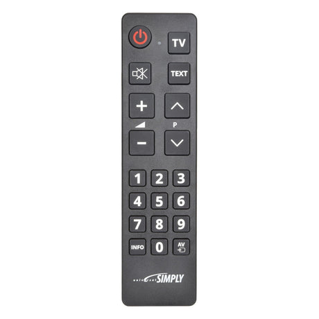 The Universal Simple TV Remote Control, featuring a black design, comes with buttons for power, volume, channel selection, and numerical entry. The word "SIMPLY" is printed at the bottom. It is compatible with all brands and offers easy programming for seamless operation.