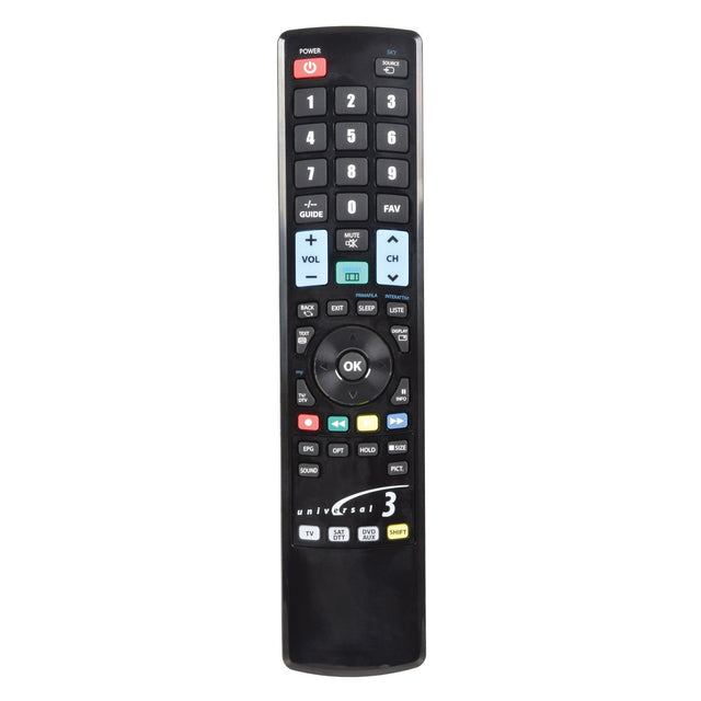 Introducing the Universal Remote Control in a sleek black design, compatible with all TV brands. It features buttons for power, volume, and channel, along with colorful function keys and a central circular navigation pad. This ensures easy setup and seamless operation.