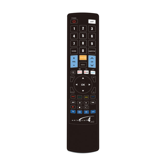 Unbranded JL3088 universal 4-device remote control in black with numeric keypad, navigation pad, and Netflix, YouTube, Prime Video shortcuts.