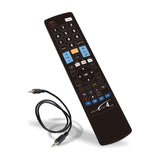 AVSL Unbranded JL3088 universal 4-device remote control in black with numeric keypad, Netflix, YouTube and Prime Video shortcuts, and programming lead.