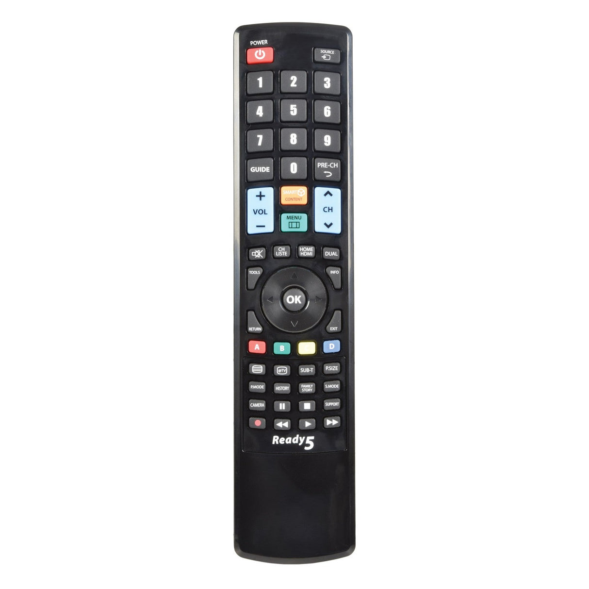 Introducing the Universal Ready 5 TV Remote Control: a sleek black remote featuring numerous buttons such as numbers, volume, channel, power, and colored navigation keys. The label 'Ready 5' is conveniently placed at the bottom. It connects effortlessly with compatible TVs without needing any programming.