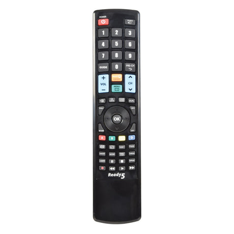 Introducing the Universal Ready 5 TV Remote Control: a sleek black remote featuring numerous buttons such as numbers, volume, channel, power, and colored navigation keys. The label 'Ready 5' is conveniently placed at the bottom. It connects effortlessly with compatible TVs without needing any programming.