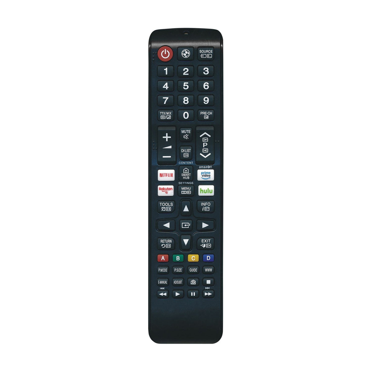 Samsung Smart TV compatible replacement remote control by AVSL with numeric keypad, volume and channel keys, and Netflix, Prime Video and Hulu shortcuts.