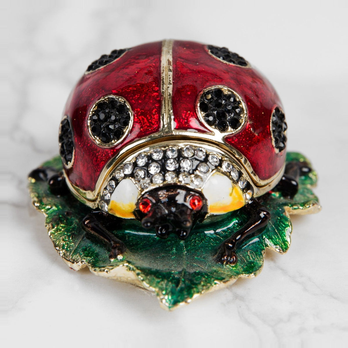 Ladybird on Leaf Metal Trinket Box with Hinged Lid - Red