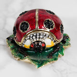Ladybird on Leaf Metal Trinket Box with Hinged Lid - Red