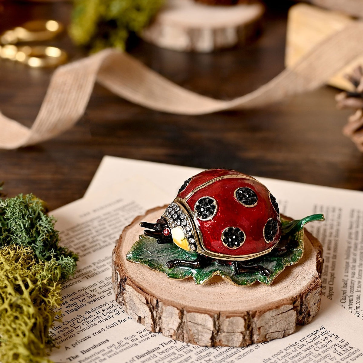 Ladybird on Leaf Metal Trinket Box with Hinged Lid - Red