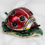Ladybird on Leaf Metal Trinket Box with Hinged Lid - Red