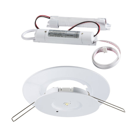 The 3W LED Emergency Downlight 5500K (Non-Maintained) is equipped with a circular white LED panel, a battery pack, and connected wires. Designed for ceiling installation in commercial retail lighting environments, it comes with metal brackets and an adjustable trim to facilitate easy mounting.