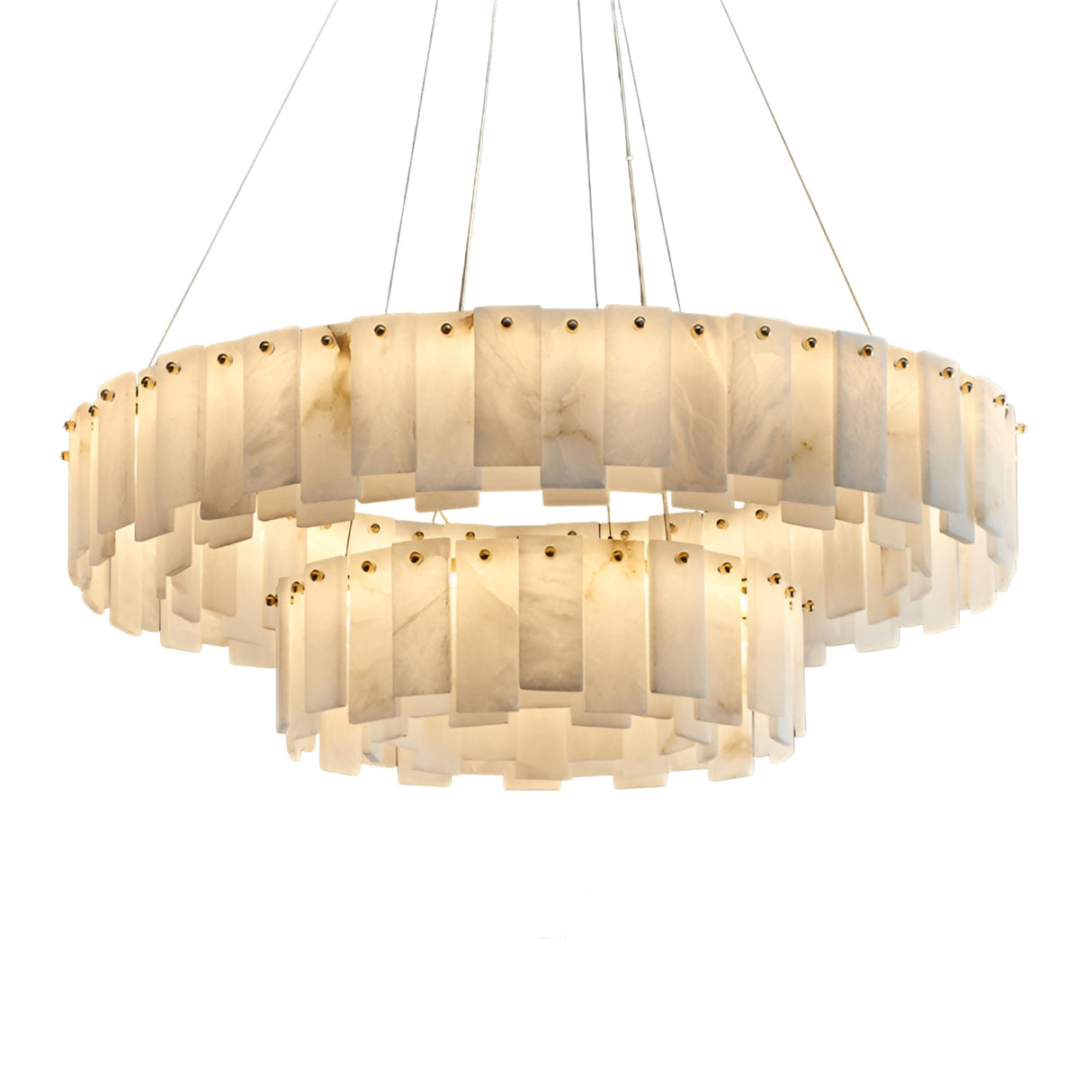 The Valeris 28 Light 2 Tier Layard Panel Alabaster Chandelier in Soft White & Brass features circular layers of alabaster panels, suspended by slender wires for a warm, diffused glow—an elegant, modern statement in layered stone lighting.