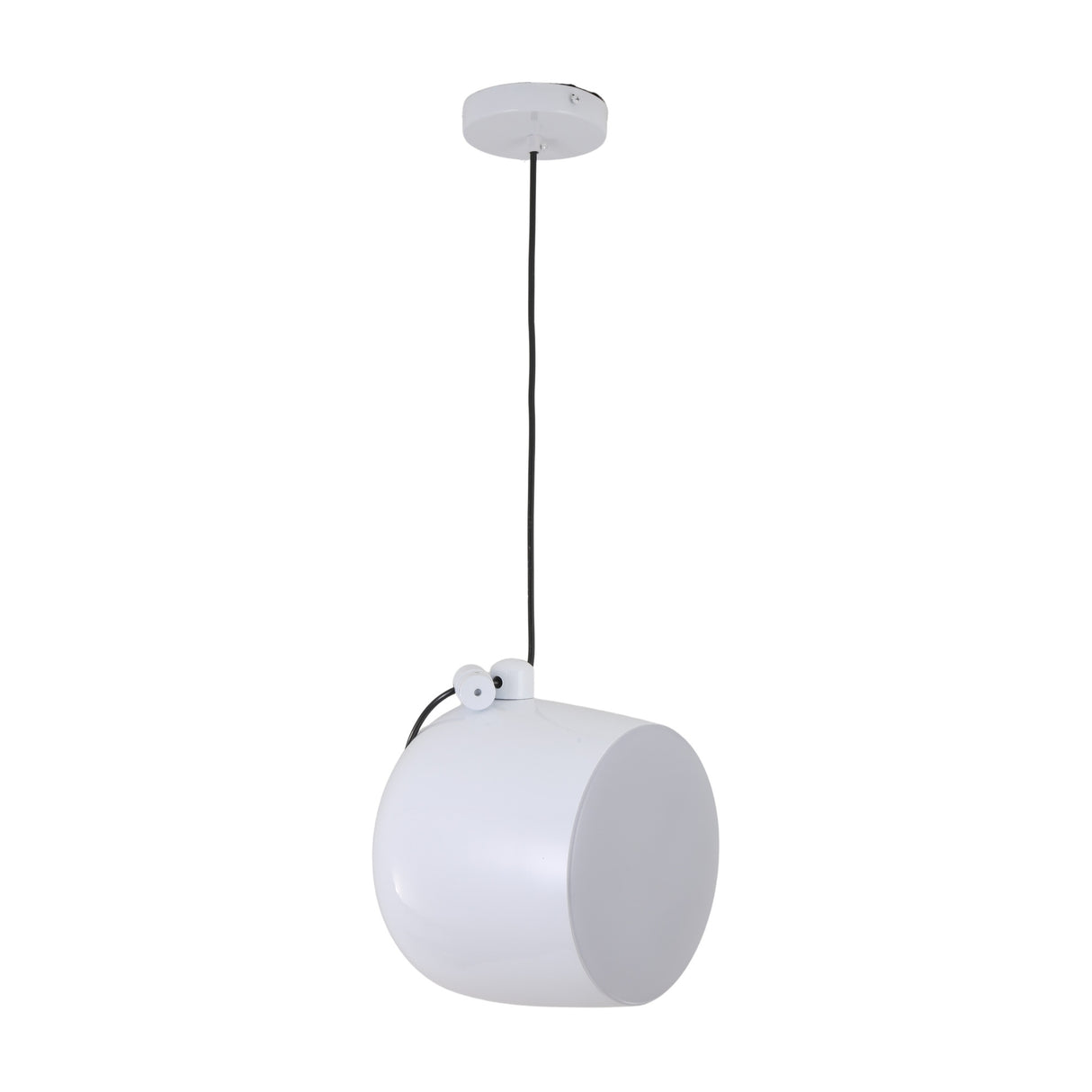 The Mono LED Pendant Light - White features a modern cylindrical shade and black cord, suspended from a round white ceiling mount—ideal for stylish, contemporary kitchen lighting.