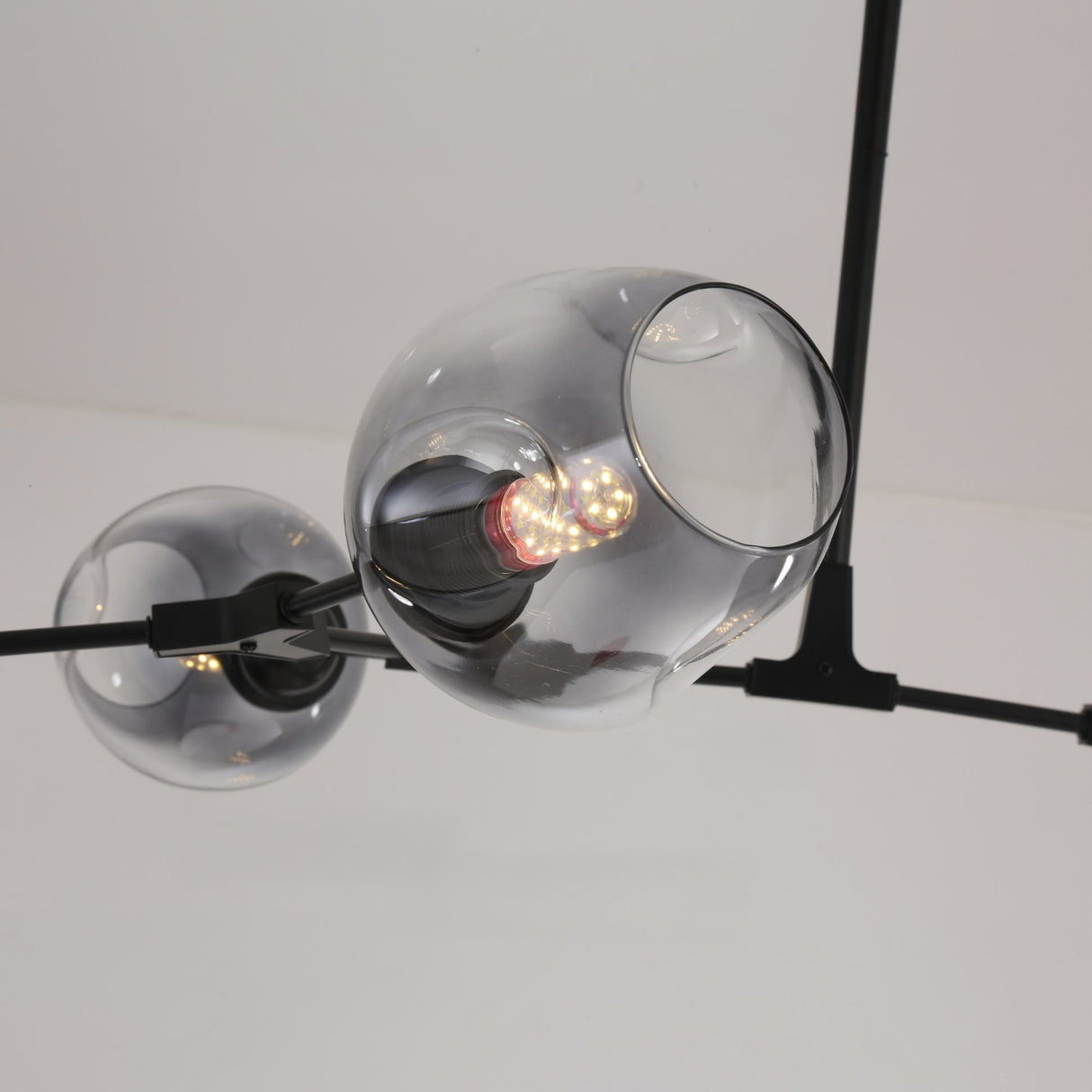 A close-up of the Tree 8 Light Suspension - Black chandelier, showcasing two round smoky glass globes with exposed LED bulbs on black metal rods, set against a white ceiling.