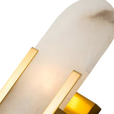 Close-up of the Lirone 1 Light Small Vertical Capsule Alabaster Wall Light in Soft White & Brass, featuring a translucent alabaster stone held by gold brackets and a warm glow from the base.