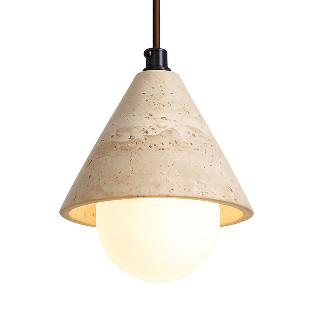 The Alvero 1 Light Cone Travertine Single Pendant Light in light beige features a modern travertine shade and round frosted glass bulb, elegantly suspended from a dark cord.