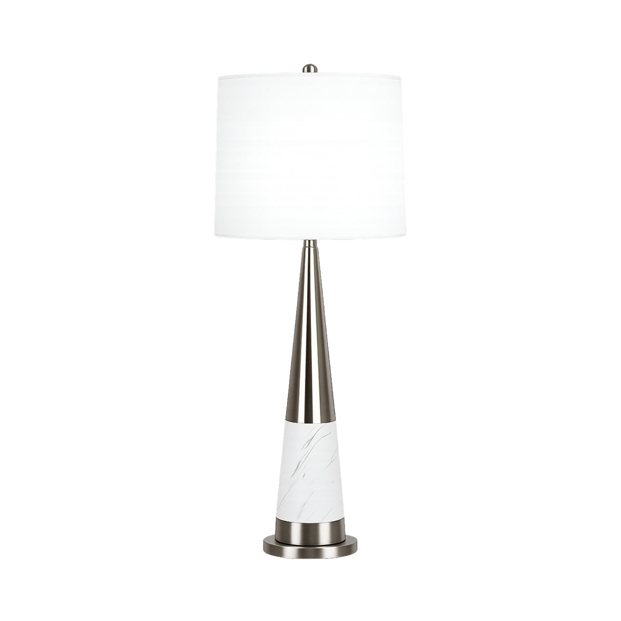 The Velour 1 Light Cone Marble Table Lamp in white and brass features a sleek metallic cone body, a white cylindrical shade, and a marble-patterned base, displayed elegantly against a plain white background.