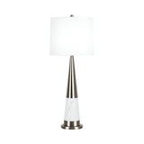 The Velour 1 Light Cone Marble Table Lamp in white and brass features a sleek metallic cone body, a white cylindrical shade, and a marble-patterned base, displayed elegantly against a plain white background.