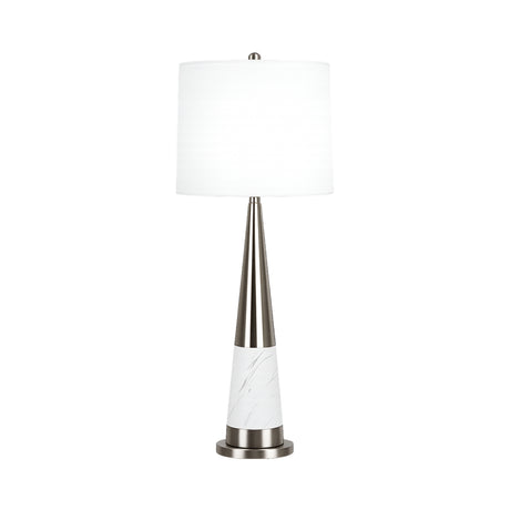 The Orvani 1 Light Cone Marble Table Lamp in White & Brass showcases a brushed metal base, white marble detail, and a sleek cylindrical shade for chic contemporary style.