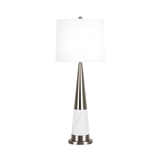 The Velour 1 Light Cone Marble Table Lamp in white and brass features a sleek metallic cone body, a white cylindrical shade, and a marble-patterned base, displayed elegantly against a plain white background.