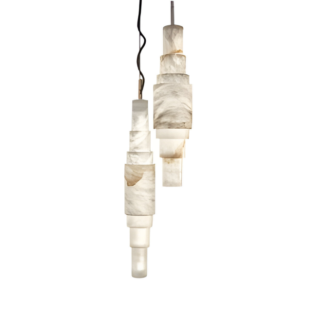 The Aurelia LED Alabaster Pendant Light – Soft White showcases stacked, translucent Spanish alabaster with brown veining, suspended by black and white cords against a plain white background.