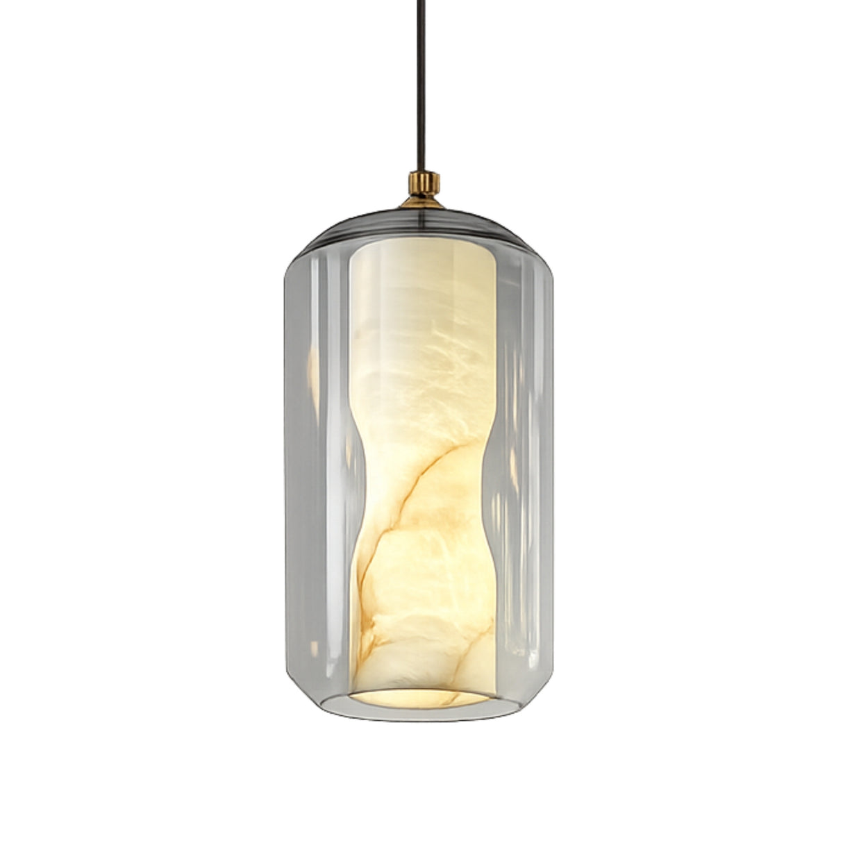 The Caldris 1 Light Faceted Alabaster Single Pendant Light in Soft White features a cylindrical clear glass shade and marble-inspired diffuser, evoking Spanish alabaster lighting and hanging elegantly from a black cord.