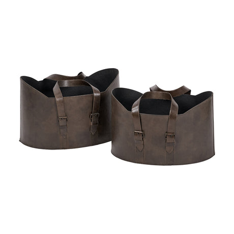 Alessio set of 2 peppercorn leather storage boxes, 34cm, wave-edge design with buckled handles and black interior, on a plain white background.