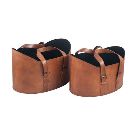 Alessio set of 2 vintage brown leather storage boxes with tall handles and buckle straps, black interior lining, shown on a plain white background.