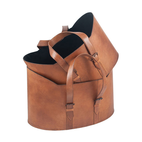 Set of two vintage brown leather storage boxes with tall handles and buckle straps, oval bases and black interior lining, shown nested together on a plain white background.