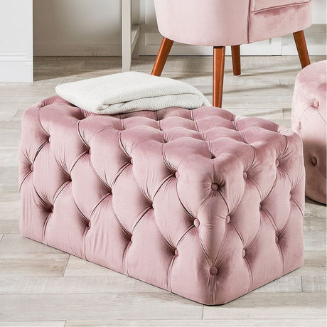 Seraphina Blush Pink Velvet Buttoned Rectangular Ottoman - 80cm