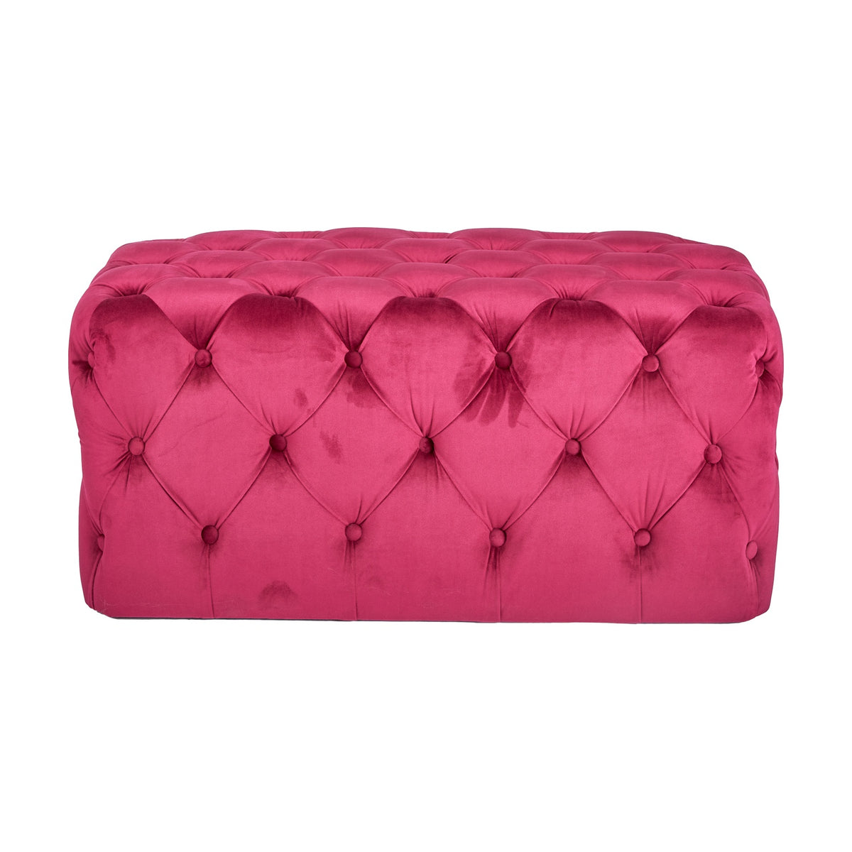 Seraphina Raspberry Velvet Buttoned Rectangular Ottoman, 80cm, with deep-buttoned tufted upholstery and a boxy rectangular shape, shown on a plain white background.