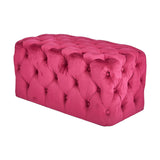 Seraphina rectangular storage ottoman in raspberry pink velvet with deep button tufting and rolled edges, shown on a plain white background.