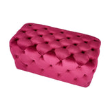 Seraphina rectangular ottoman in raspberry velvet with deep buttoned tufting throughout, 80cm wide, shown on a plain white background.