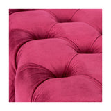Close-up of the Seraphina Raspberry Velvet Buttoned Rectangular Ottoman, showing deep button-tufted upholstery in rich raspberry pink fabric.
