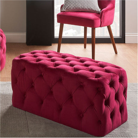 Seraphina Raspberry Velvet Buttoned Rectangular Ottoman - 80cm