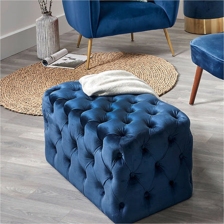 Seraphina Sapphire Blue Velvet Buttoned Rectangular Ottoman - 80cm