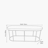 Line drawing of the Nino Black Velvet & Gold Iron Bench, 106cm wide oval bench with padded top and slim gold iron frame, showing width, height and depth dimensions.