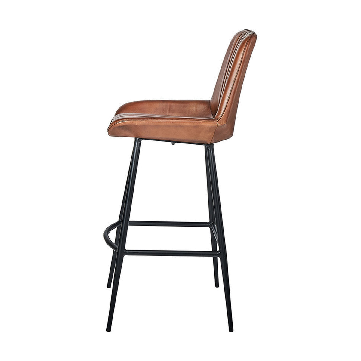 Angelo Vintage Brown Leather & Black Iron Retro Bar Stool, 105cm, side view showing padded seat and backrest with black metal legs and footrest on a white background.